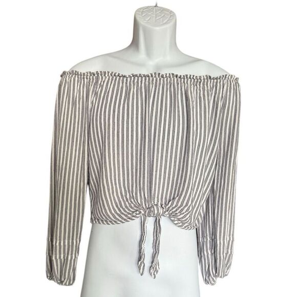 Womens Hollister Tie Front Striped Peasant Boho Blouse Cropped Top - Sz M - Picture 1 of 1